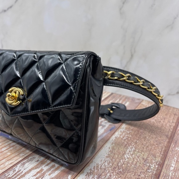 CHANEL Black Quilted Patent Crossbody with Gold Chain Strap - Picture 3 of 14